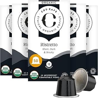 Cru Kafe Ristretto USDA Organic Espresso Coffee Capsules (50 Pods) Fairtrade Coffee Pods Compatible with Nespresso Original Line and Pixie Machines