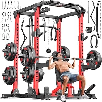 Power Cages Multi-Purpose Squat Rack with Cable Crossover System, Matching Weight Bench, Olympic Barbell Weight Set for Garage and Home Gyms