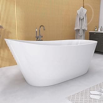 GETPRO Free Standing Tub 59" Acrylic Freestanding Bathtub, Adjustable Soaking Bath Tub Oval Shape with Integrated Slotted Overflow and Chrome Anti-clogging Drain Glossy White