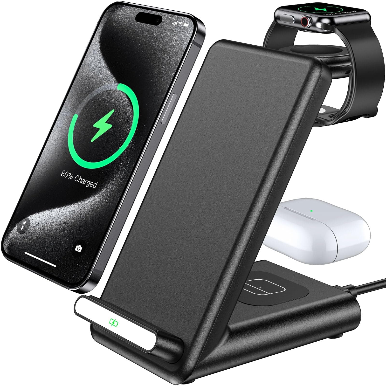 Wireless Charging Station,3 in 1 Charging Stand Made for Apple Watch Ultra 11 10 9 8 7 6 SE 5 4 3,Fast Wireless Charger Made for iPhone 17/Air/16/15/14/13/12,for AirPods Pro(with Adapter) (Black)