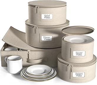 Sorbus Hard Shell Stackable Beige Dinnerware Storage Set - 5 Pc. Glass & Dish Containers for Transport, Moving, Party - Felt Plate Protector included