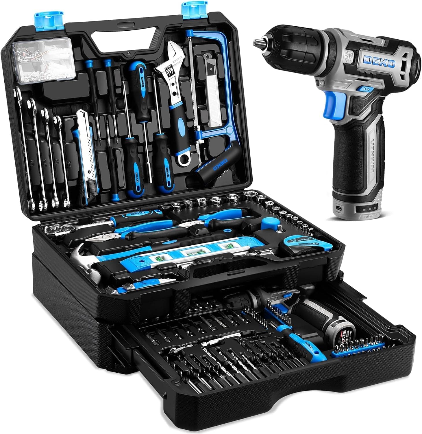 Tool Set: Tool Kit with 12V Cordless Drill, Hand Toolbox with storage case, Mechanic Tool set for Home Repairs, Blue