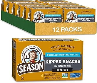 Peppered Kipper Snacks - Boneless Herring Fillets, Naturally Smoked Fish, Wild Caught, Keto Snacks, Certified Sustainable Seafood, Non-GMO, 18g of Protein, 1800mg of Omega-3-3.25 Oz, 12-Pack