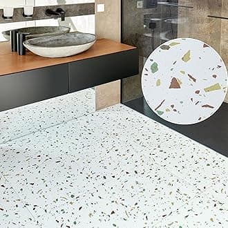 Vinyl Floor Tiles Self Adhesive - 30 Pack To Cover 67.48 sqft (6.27 sqm) - Large Square Peel And Stick Tile Size 18x18in (45.7x45.7cm) for Kitchen, Living Room Flooring - Off White Terrazzo Effect
