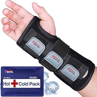 FEATOL Wrist Brace Carpal Tunnel, Night Support Brace with Wrist Splint, Adjustable Straps, Hot/Ice Pack for Women and Men, Right Hand, Medium/Large, Tendinitis, Arthritis, Pain ReliefOEKO-TEX STANDARD 100