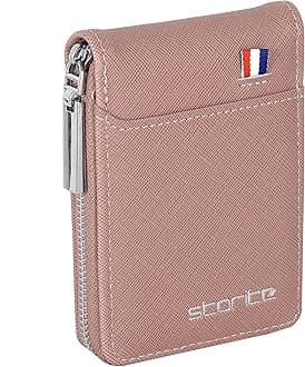 Credit Debit Card Holder PU Leather Small Card Case for Women or Men with Zipper, Pink, 1Pack Peach Pink, Casual