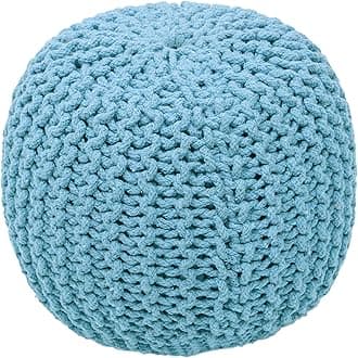 The Home Talk Ottoman Floor Poufs for Living Room Hand Knitted Foot Rest Comfortable Pouffe 100% Cotton Braid Cord Bean Bag for Armchair, Bedroom, Décor, 18"x18"x14", Turquoise