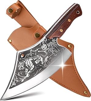 Meat Cutting Cleaver, Japanese Style Viking Kitchen Boning Knives with Sheath, Forged Butcher Deboning curved blade with Tiger Pattern, for Home and Restaurant - Premium Gift