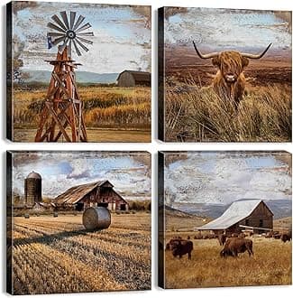 Highland Cow Wall Art Vintage Farmhouse Kitchen Wall Decor Western Country Barn Pictures Rustic Windmill Landscape Canvas Prints Farm Scenery Posters Artwork Living Room Home Decorations 12x12 4Pcs