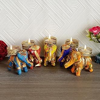 Divyakosh 6 Pcs Elephant Tealight Candle Holder, Handcrafted Recycled Material Tealight Candle Holder for Home Decoration Item, Diwali Decor (Multicolor)