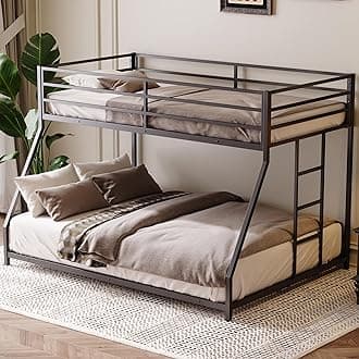 Twin Over Full Bunk Beds, Floor Bunk Bed Twin Over Full Bunk Beds with Build in Ladder, Heavy Buty Bunk Bed/Twin Over Full Bunk Bed for Adults, Teens, Kids(Twin Over Full, Black)