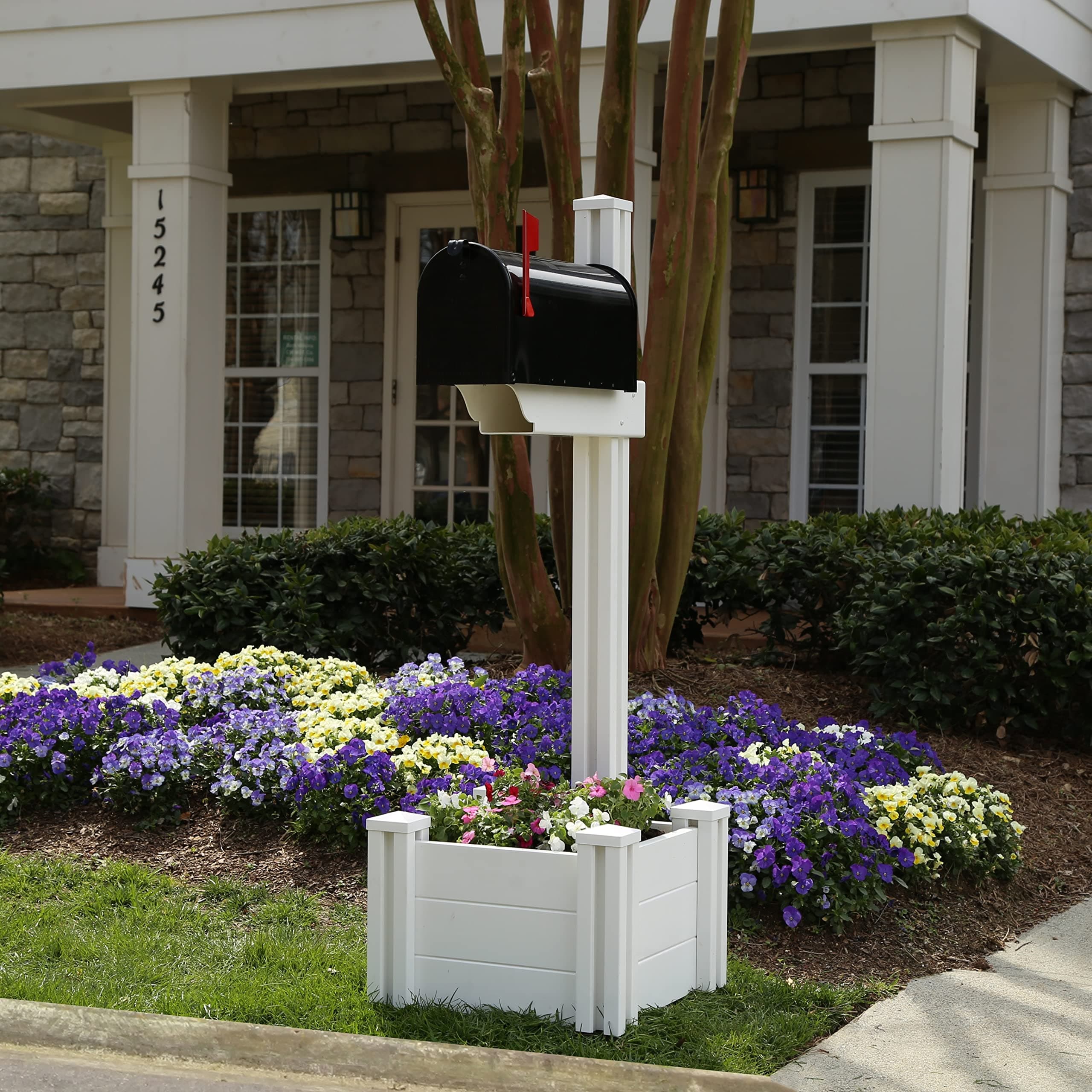 4.5ft H (1 Post w/Planter) No Dig Zippity Majestic Mailbox Post with Planter Box, White Vinyl Post for Mailboxes for Outside, Decorative Post w/Flower Box, Architectural Post for Mailboxes, ZP19027