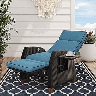 Grand patio Recliner Chair with Seat Cushion, Aluminium Frame, Garden Chair, Adjustable Backrest, Rattan Sun Lounger for Indoor, Outdoor Use (Blue Seat Cushion)