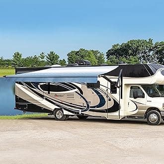 Awnlux Black Motorized Modular Retractable RV Awning Full Set Assemblies for RV, 5th Wheel, Travel Trailers, Toy Haulers, and Motorhome - RV Trailer Awning for Home or Camper - 13x8 Ft - Blue Strip