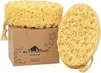 myHomeBody Bathroom Body Sponge, Sea Sponge, Shower Body Sponge, Body Washing, Bath, Foaming, Large Size, Made of PU, with String, 2 Pack - Oval