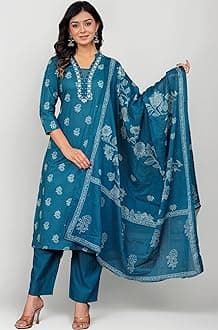 MANHAREE | Women's Cotton Printed Straight Kurta with Pant & Dupatta Set
