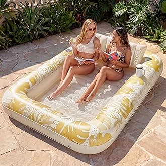 SLOOSH Inflatable Tanning Pool Lounger Float, 85" x 57" Extra Large Pool Floats Adult with Pillow, 4 in 1 Suntan Tub Raft Floatie,Sunbathing Bed Lounge for Water Blow Up Ball Pit, XL-Golden White