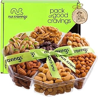 Mothers Day Treats, Mixed Nuts Gift Basket + Green Ribbon (7 Assortments, 2.2 LB) Treats for Adults, Food Arrangement, Healthy Snack Care Package, Kosher