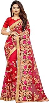 BARKIYA CREATION Women's Net Saree With Unstiched Blouse Piece