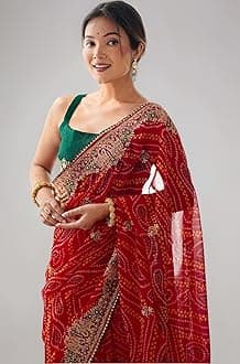 Women's Georgette Bandhani Printed and Embroidery Saree with Unstitched Blouse Piece