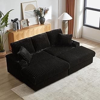 WILLIAMSPACE 84" Sectional Sofa Cloud Couch with 2 Ottomans for Living Room, Modern Upholstered 3 Seater Sofa Deep Seat Reading Chair Couch with Storage Arm, Reclining Sofa Bed, Corduroy (Black)