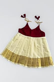 Picksparrow Newborn Baby Girl Kasavu Dress/Kerala Kasavu Traditional Frock/Onam-Vishu Dress (Velvet, Shoulder-Knot)