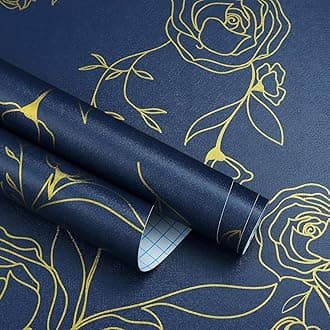 Rylan 45 * 300 Peel and Stick Wallpaper Gold and White Contact Paper Floral Wallpaper Self Adhesive Removable Wallpaper for Bedroom Covering Vinyl Rolls(Blue & Gold)