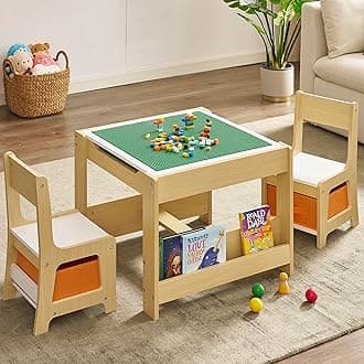 Kids Table and Chair Set, 3 in 1 Wooden Activity Table with Storage Drawer for Toddlers Drawing, Reading, Crafts, 2 in 1 Detachable Tabletop Table Set for Nursery, Playroom (Natural & White)