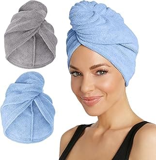 Microfiber Hair Towel Wrap for Women and Men | 2 Pack | Bathroom Essential Accessories | Quick Dry Hair Turban for Drying Curly, Long & Thick Hair (Grey, Blue)