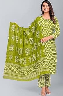 MEERA FAB Women's Cotton Printed Straight Kurta with Palazzo & Dupatta Set