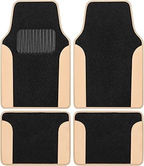 BDK Two-Tone Carpet Car Floor Mats with Faux Leather Accents, Automotive Floor Mat Set with Built-in Heel Pad, Stylish Interior Car Accessories (Beige)