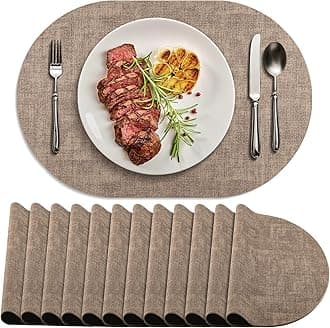 Placemats Set of 12 Washable, Heat Resistant Table Placemats Wipeable Faux Leather Oval Place Mats Non Slip, Waterproof Oval Table Mats for Indoor Outdoor, Apricot