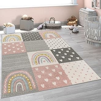 Paco Home Children's Rug Child's Room Girls Boys Various Motifs And Sizes, Size:133 cm square, Colour: Cream Pink Grey