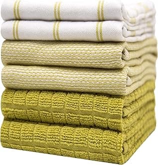 Bumble Towels Premium Kitchen (20”x 28”, 6 Pack) – Large Cotton Kitchen Hand – Flat & Terry Towel – Highly Absorbent Tea Set with Hanging Loop (Lime Green Check)