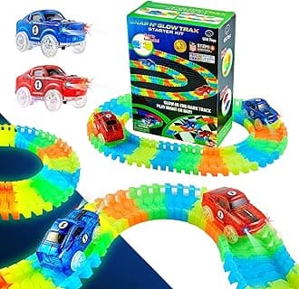 USA Toyz Glow Tracks Starter Kit Race Tracks and 2 LED Toy Cars - 216pk Glow in The Dark Bendable Flexible Rainbow Race Track Set with 2 Light Up Car Toys, STEM Building Toys for Boys and Girls