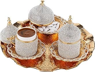DEMMEX Turkish Greek Arabic Coffee Serving Set with Cups, Saucers, Cup Holders, Lids, Sugar Bowl & Lid and Tray, Hand Decorated with Crystals, Gold, 11 Pcs (Crystal), Medium