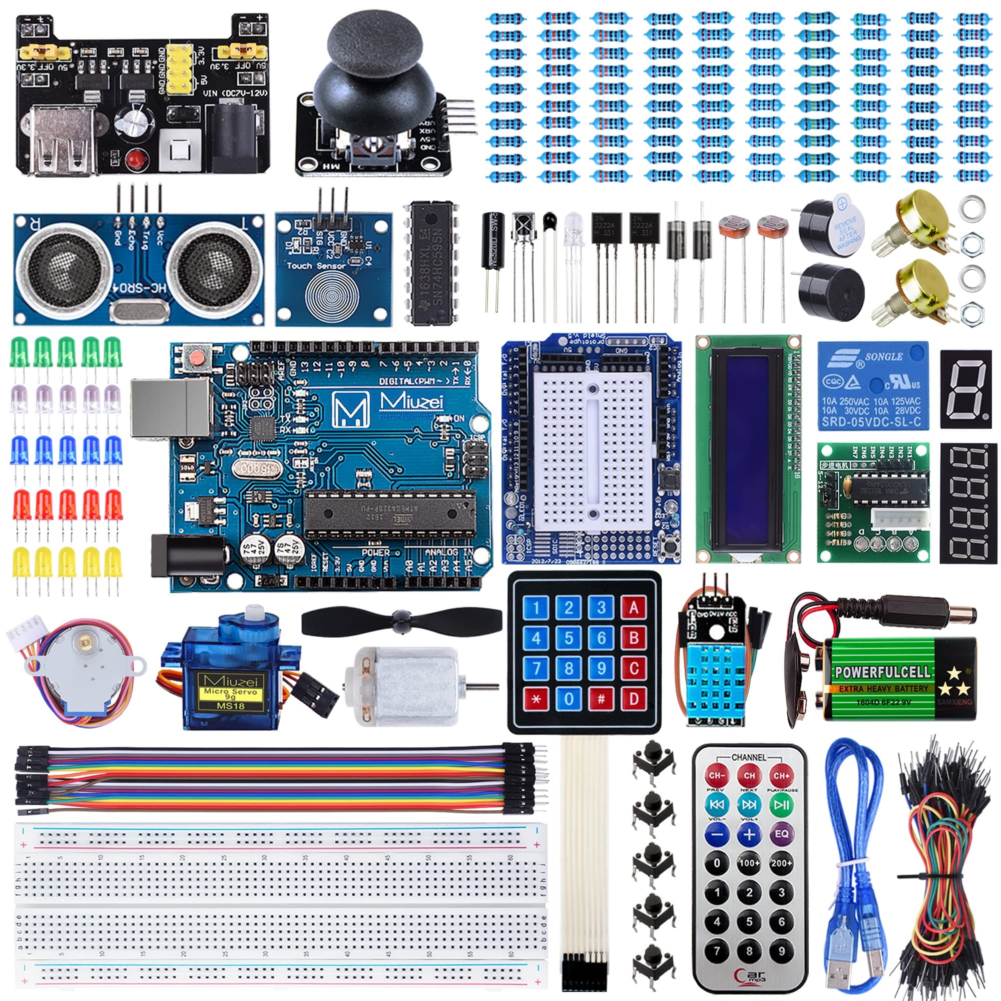 Miuzei Starter Kit Compatible with Arduino Projects LCD1602 Module, Breadboard, Servo, 9V 1A Power Supply, sensors, LEDs, Detailed Tutorial