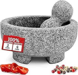 PriorityChef Granite Mortar and Pestle Set - 8 Inch Natural Stone Molcajete Mexicano for Spices, Seasonings, Pastes - Pestle and Mortar Bowl for Fresh Guacamole, Salsa, Pesto, Large, Grey