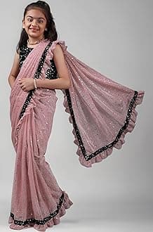 Kids Girls Lycra Blend Saree With Unstitched Sequence Blouse Piece (3-4 yrs to 11-12 yrs) (Baby Pink, 10-11 Years - XL)
