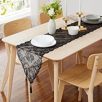 LinenZoneBlack Table Runner with 2 Tassels for Rustic Vintage Decor. Lace Table Runner Works Great As Wedding Table Runner, Thanksgiving Table Runner, Christmas Table Runner (Mia 14 x 48, Black)
