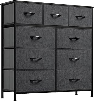 YITAHOME Dresser with 9 Drawers - Fabric Storage Tower, Tall Chest Organizer Unit for Living Room, Entryway with Sturdy Steel Frame, Wooden Top, Black Grey