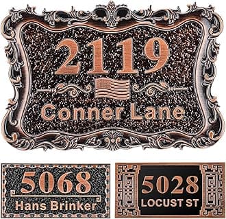 Personalized Cast Address Sign House Number Home Address Plaque 12 Inch, Custom Steet House Number Sign, Metal or Acrylic Antique Brass for Outside Vintage