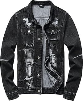 LAMKUKU Mens Denim Jacket Ripped Slim Jean Jacket Coat for Men