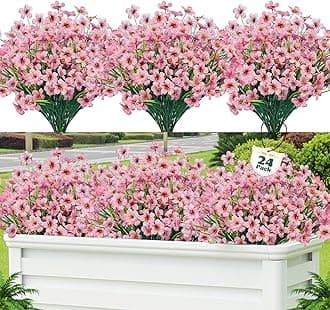 Lnoicy 24 Pcs Artificial Flowers for Outdoor,Plastic Flowers Decoration, UV Resistant Faux Flowers Shrubs, Artificial Plants for Indoor Outside Garden Home Wedding Farmhouse(Pink)