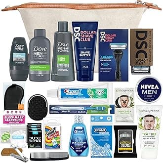 Men’s Super Premium 35 PC Travel Kit Featuring: Travel-Size Hair Care Products Plus Face, Body, Oral Care, Travel Essentials in Large Ivory Canvas Toiletry Bag
