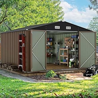 10 x 10 FT Outdoor Storage Shed, Metal Garden Sheds & Outdoor Storage Clearance, Large Tool Shed Outdoor with Single Lockable Door for Patio Lawn Backyard (Brown)