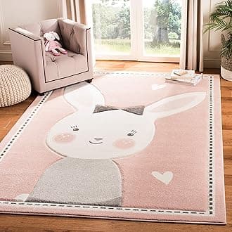 SafaviehCarousel Kids Collection CRK166P Bunny Non-Shedding Stain Resistant Nursery Playroom Area Rug 3' x 3' Square Pink/Ivory