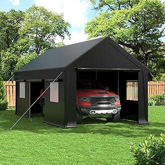 Carport, 12x20 FT Heavy Duty Carport, Portable Garage with Roll-Up Windows & Side-Opening Door, Car Canopy Reinforced Four-Hole Base for Car, Truck, Boat, Motorcycle