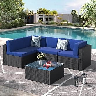 U-MAX 5 Piece Outdoor Patio Furniture Set, PE Rattan Patio Wicker Sectional Furniture Chair Set with Cushions and Tea Table, (Black Rattan&Blue Cushion)