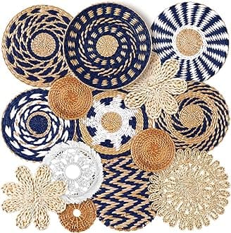 Xuhal 15 Pcs Boho Wall Basket Decor Handcrafted Seagrass Woven Wall Basket Rustic Round Woven Hanging Art for Home Farmhouse Kitchen Table Living Room(Blue Classic Style)